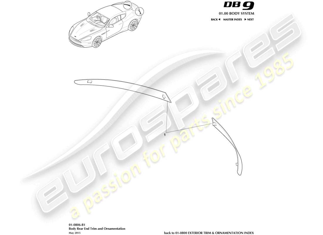 aston martin db9 (2015) diagrama de piezas de moldura del extremo trasero