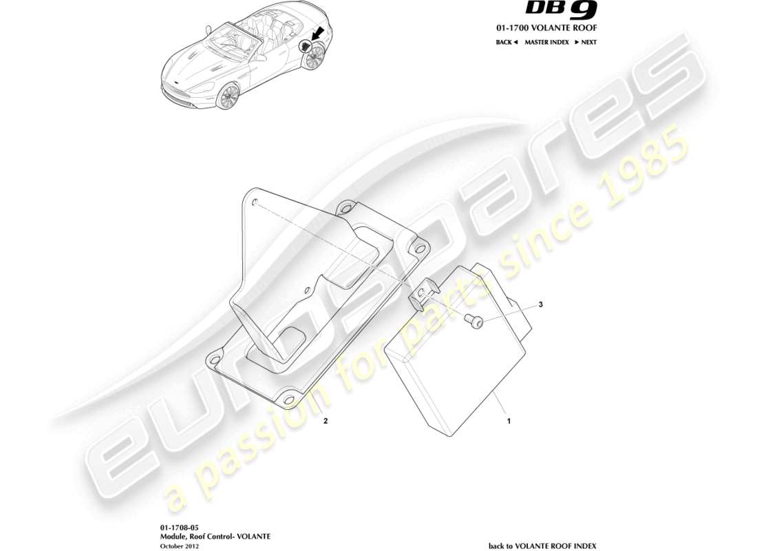aston martin db9 (2015) diagrama de piezas del módulo de control del techo