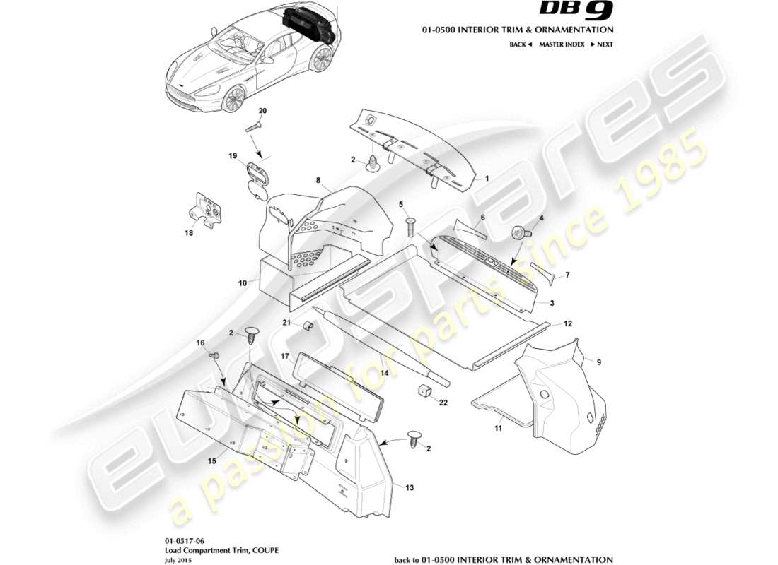 aston martin db9 (2015) guarnición del compartimento de carga, diagrama de piezas del cupé