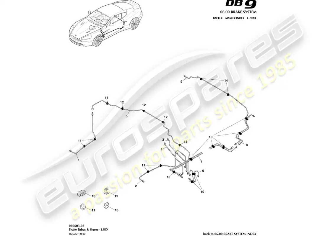 aston martin db9 (2013) líneas y mangueras de freno, lhd diagrama de piezas