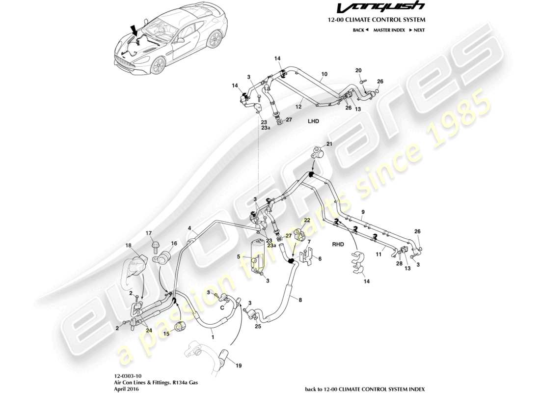 aston martin vanquish (2015) líneas de aire acondicionado, r134a diagrama de piezas de gas