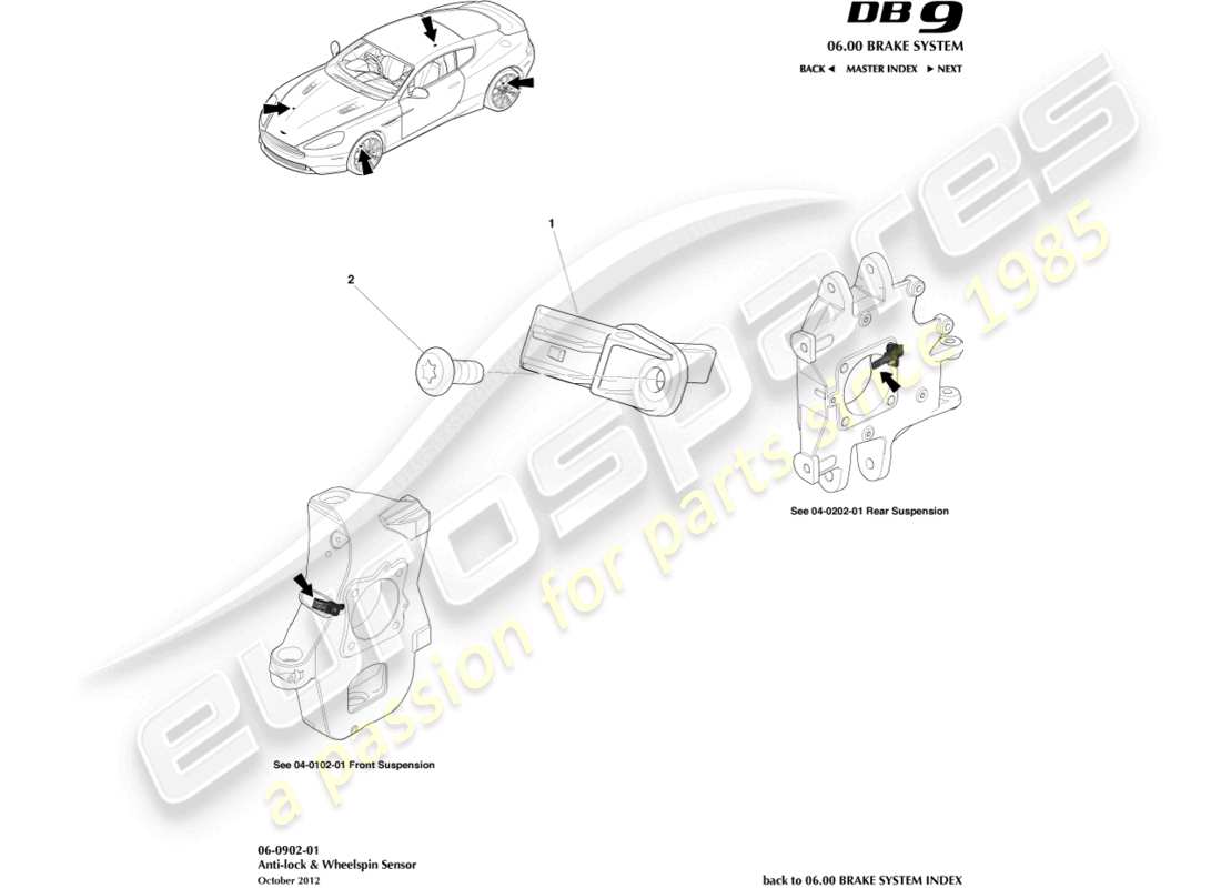 aston martin db9 (2015) diagrama de piezas de los sensores de velocidad de las ruedas