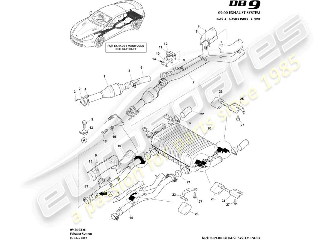 aston martin db9 (2015) diagrama de piezas del sistema de escape