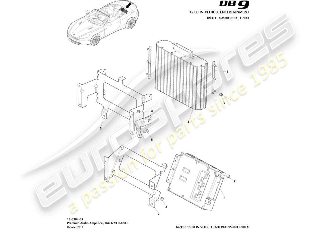aston martin db9 (2015) amplificadores, b&o, diagrama de piezas volante