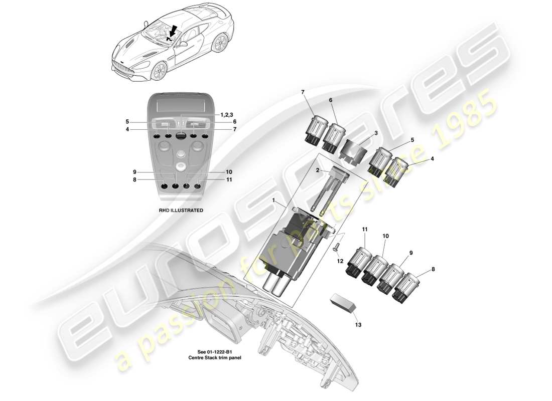 aston martin vanquish (2014) diagrama de piezas de los interruptores de la consola central