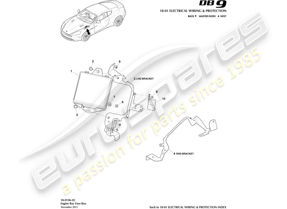 aston martin db9 (2015) diagrama de piezas de la caja de fusibles del compartimento del motor