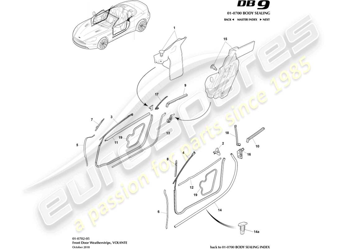 aston martin db9 (2015) burletes para puertas, diagrama de piezas de volante