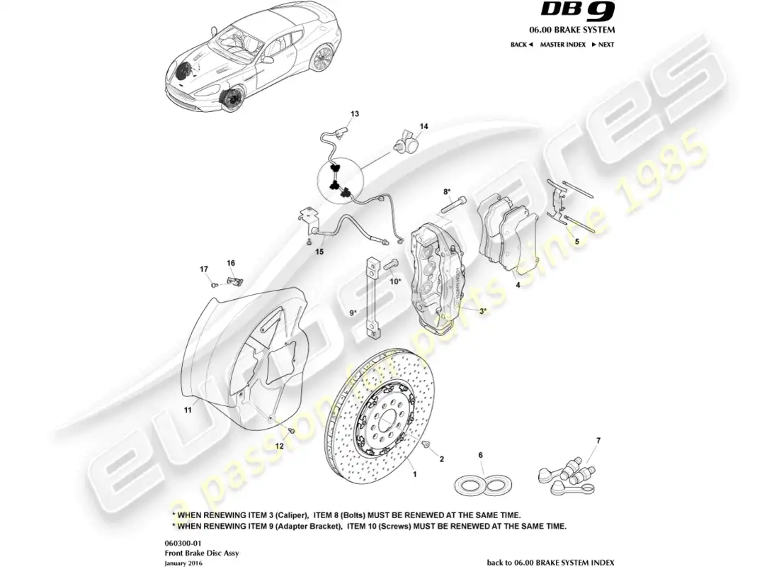aston martin db9 (2014) sistema de freno delantero diagrama de piezas