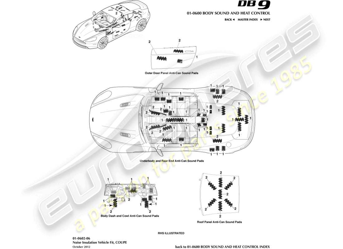 aston martin db9 (2015) aislamiento acústico, diagrama de piezas del cupé
