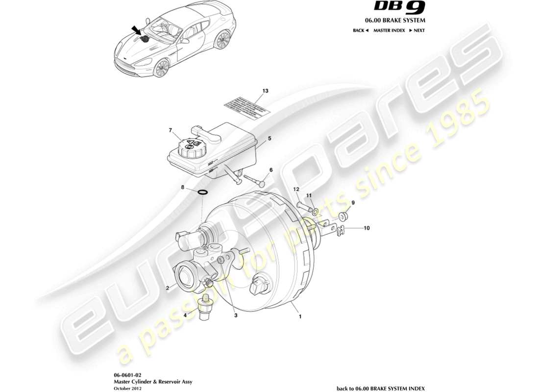 aston martin db9 (2015) diagrama de piezas del cilindro maestro y depósito