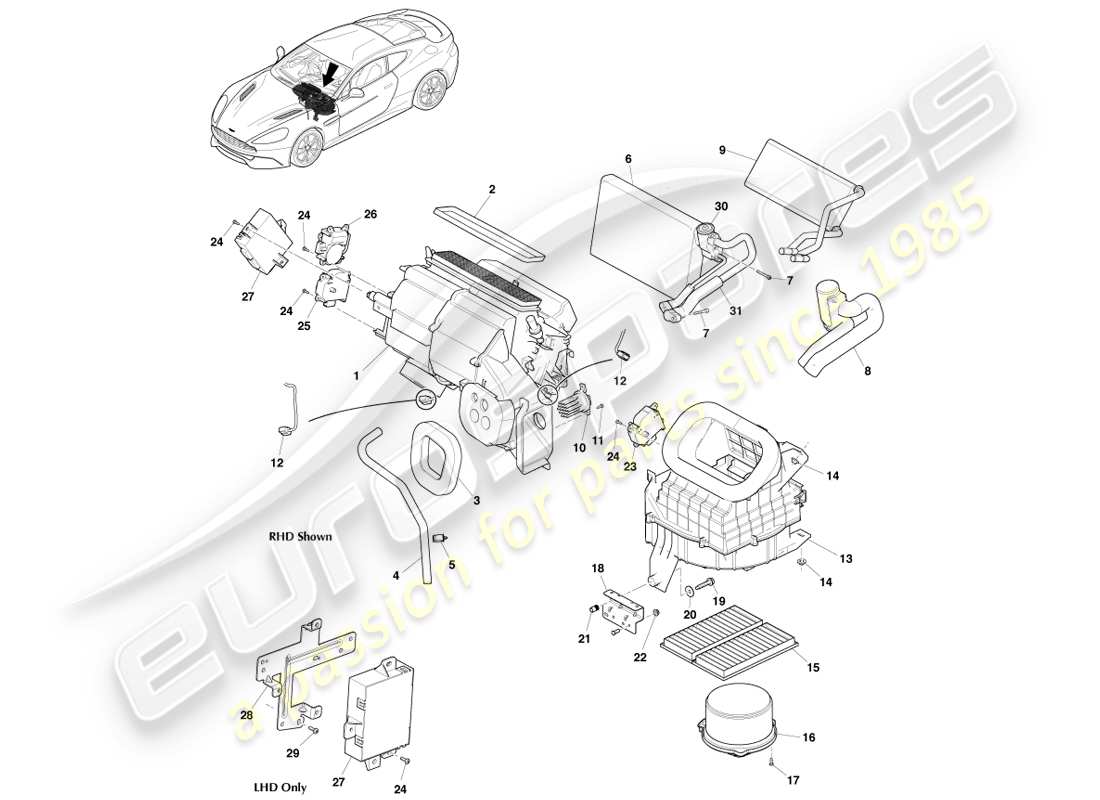 aston martin vanquish (2013) unidad de hvac diagrama de piezas