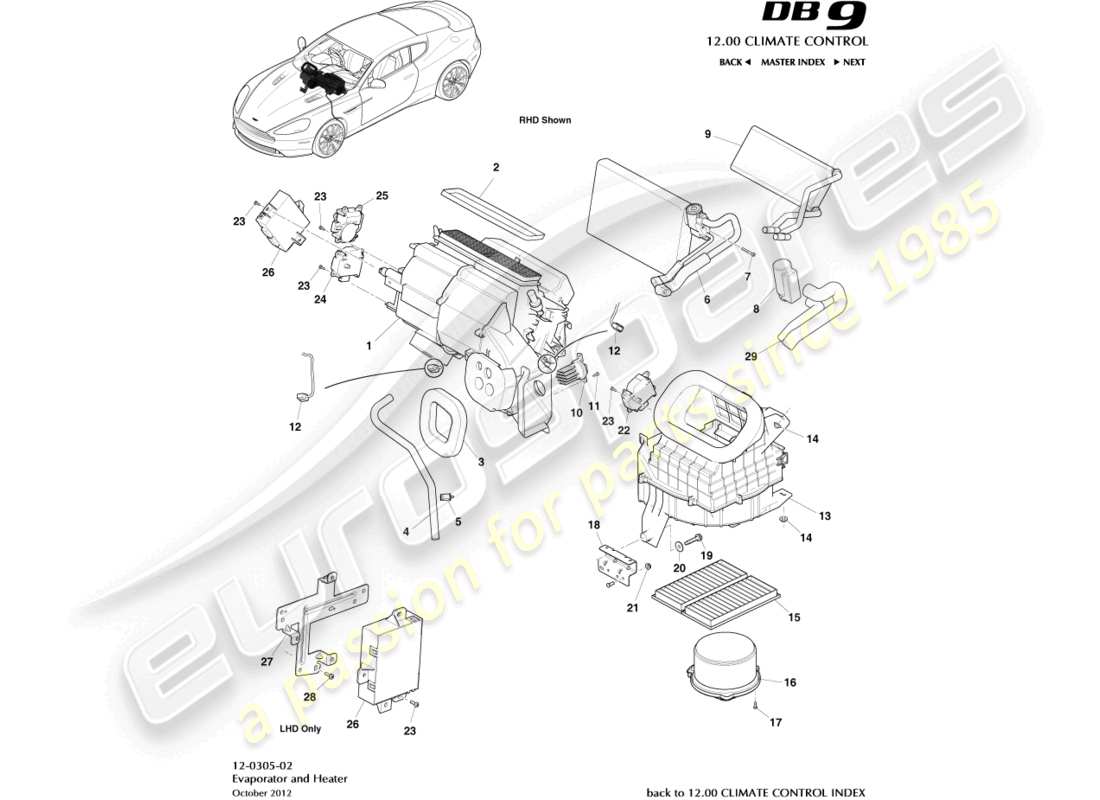aston martin db9 (2015) diagrama de piezas de la unidad hvac