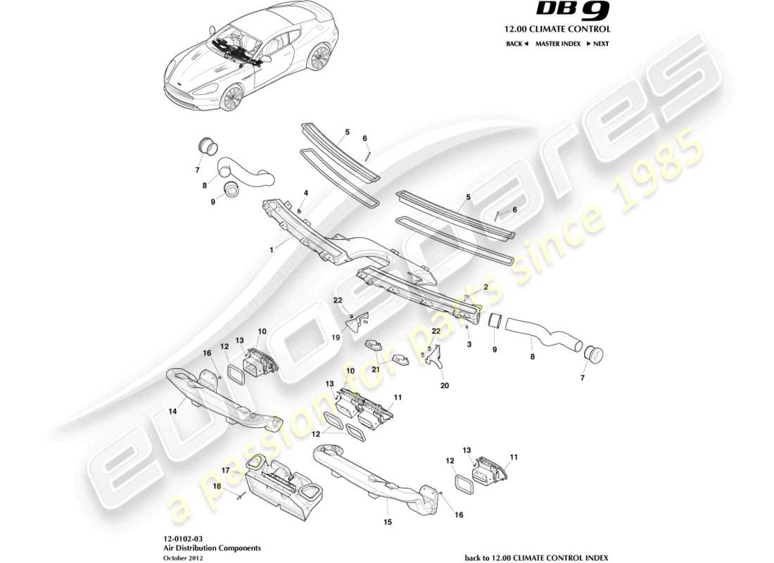 aston martin db9 (2017) componentes de distribución de aire diagrama de piezas