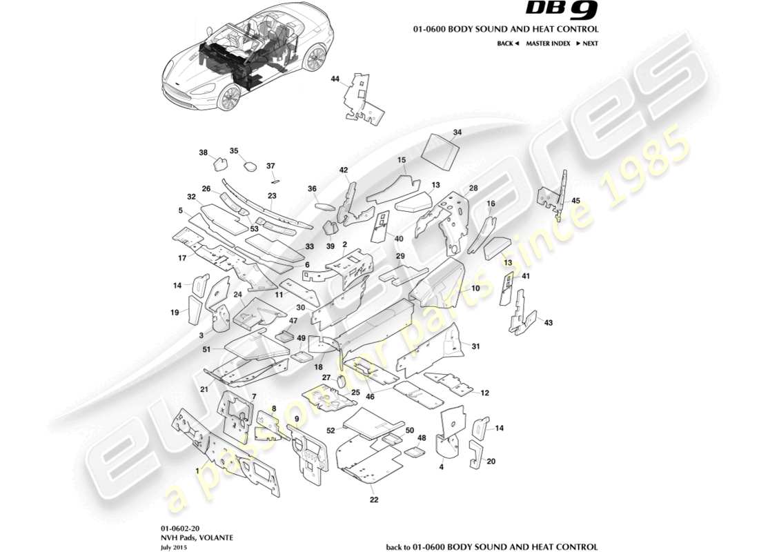 aston martin db9 (2015) almohadillas nvh, diagrama de piezas volante