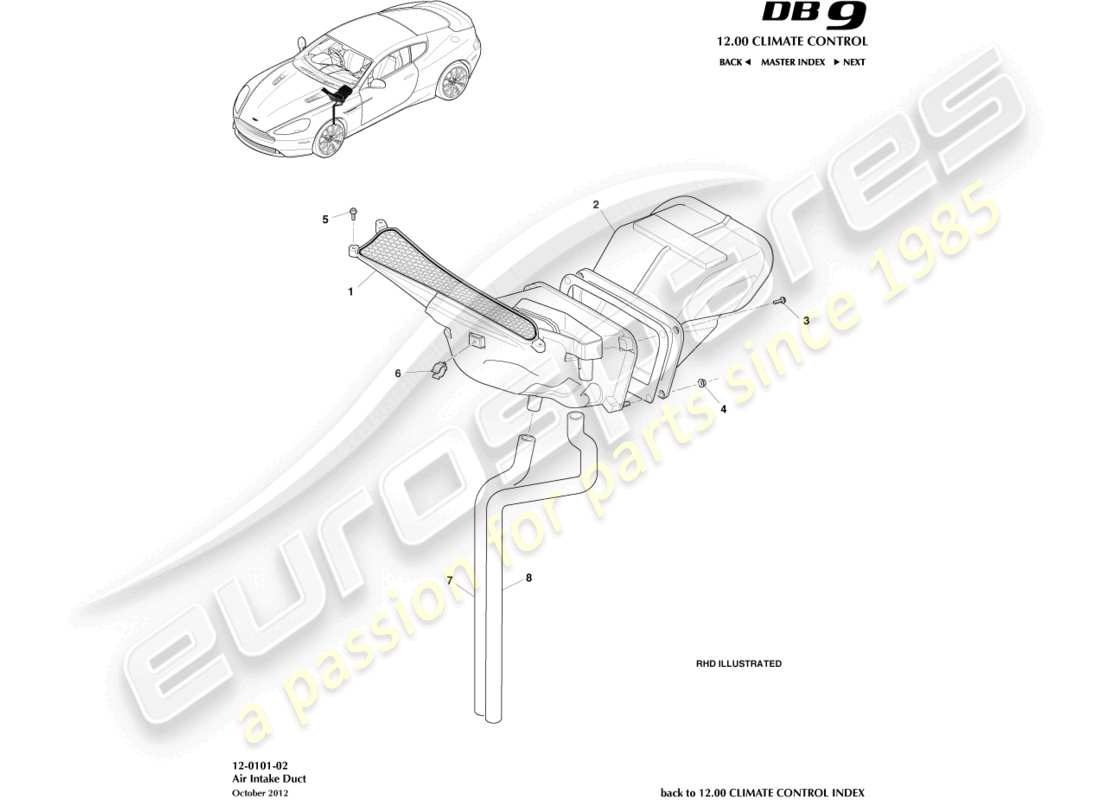 aston martin db9 (2013) diagrama de piezas de los componentes de la entrada de aire