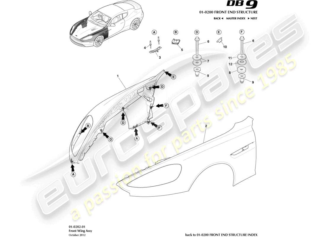 aston martin db9 (2013) diagrama de piezas de las alas delanteras