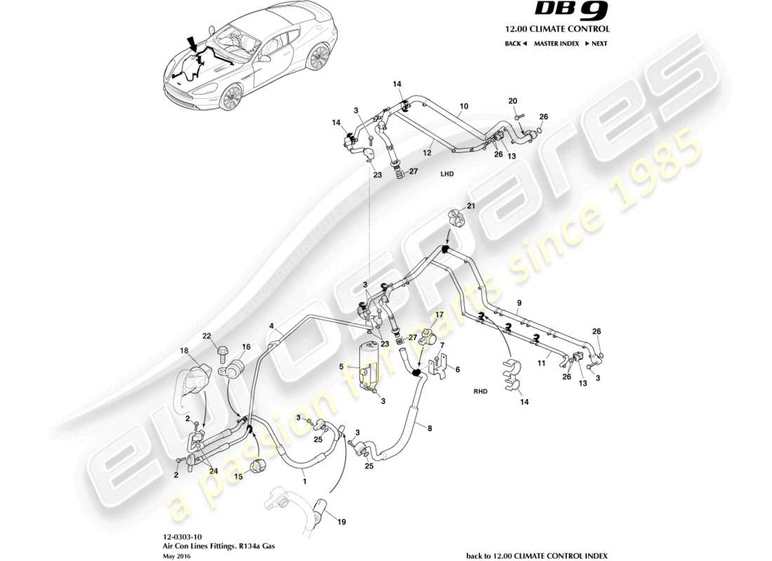 aston martin db9 (2015) líneas de aire acondicionado, r134a diagrama de piezas de gas