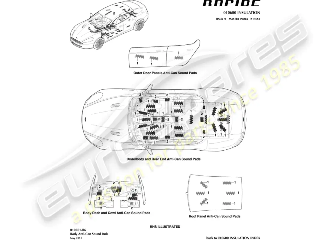 aston martin rapide (2012) almohadillas de sonido ananti-can diagrama de piezas