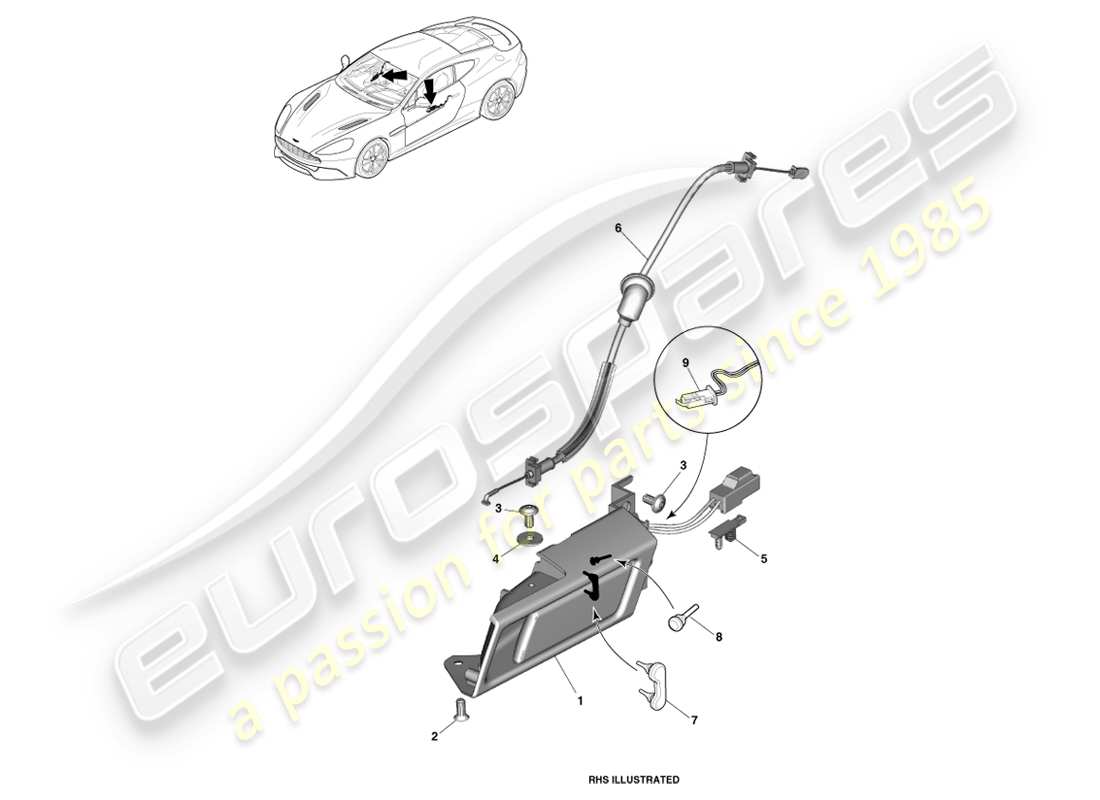 aston martin vanquish (2013) manijas interiores y accionamiento diagrama de piezas