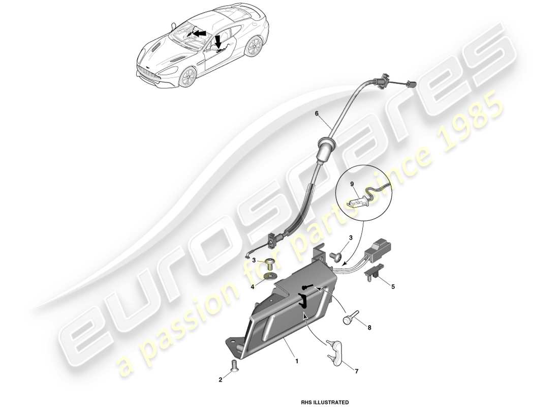 aston martin vanquish (2014) manijas interiores y accionamiento diagrama de piezas