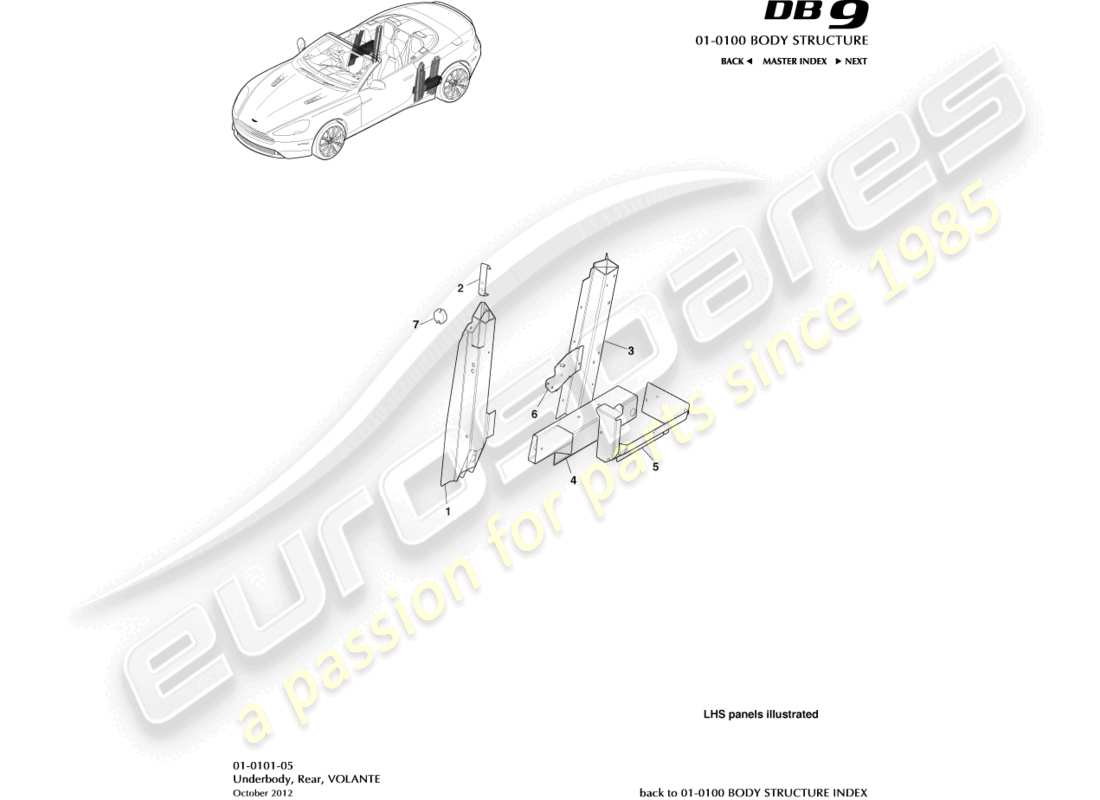 aston martin db9 (2015) diagrama de piezas de parte inferior, trasera y volante