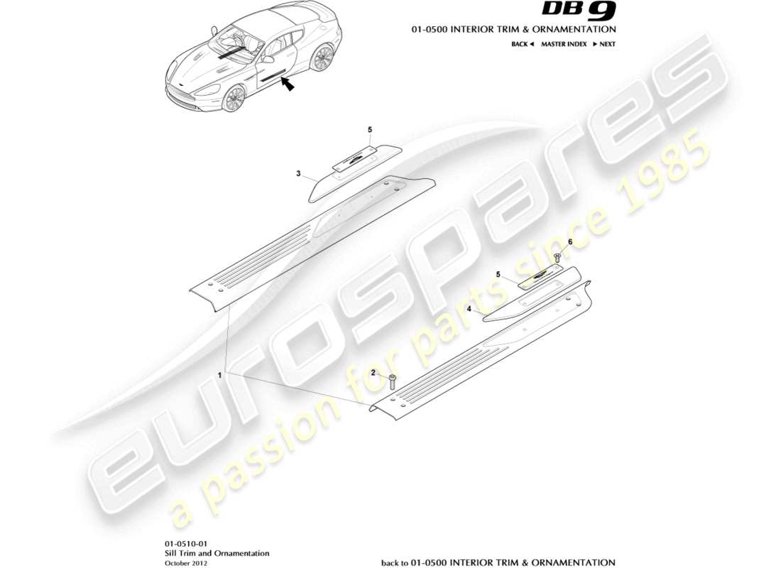 aston martin db9 (2015) diagrama de piezas de ornamentación y molduras de alféizar