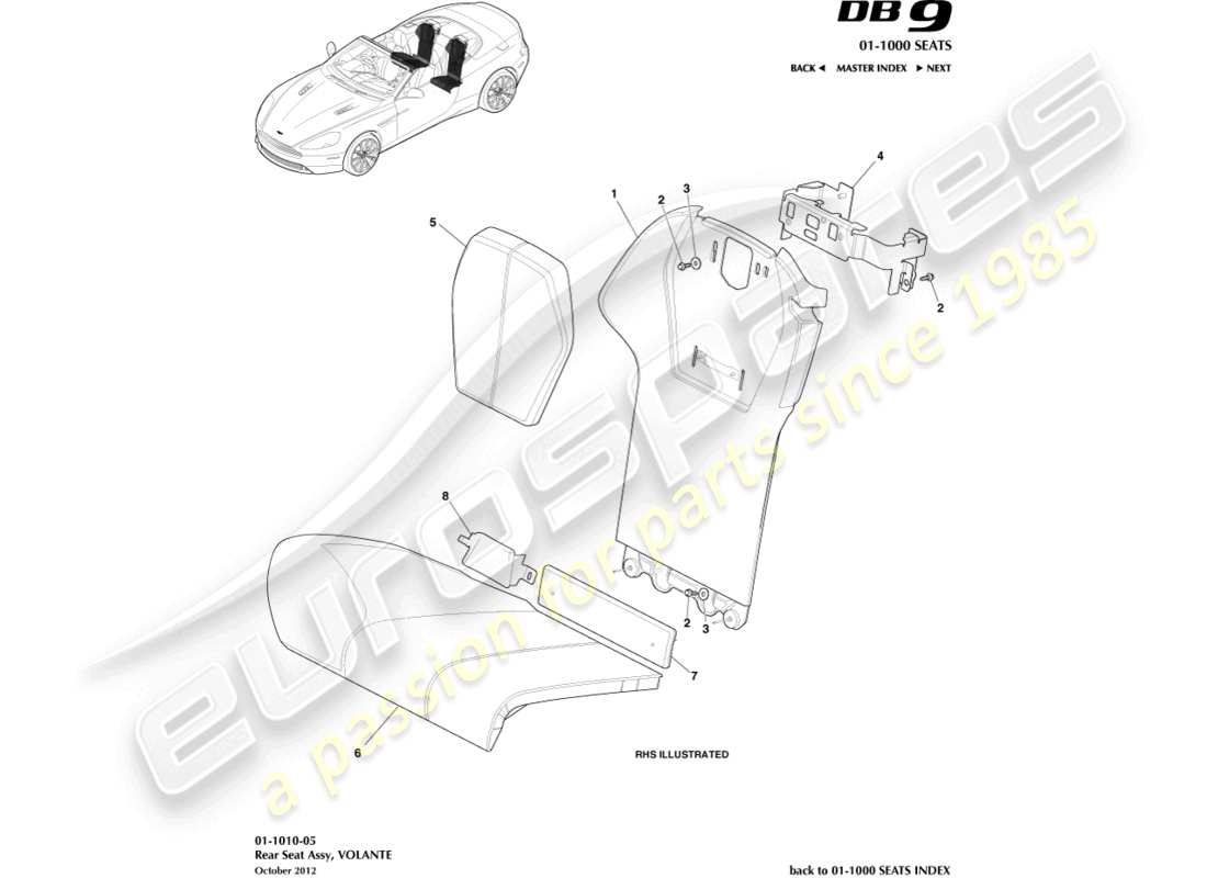 aston martin db9 (2015) asientos traseros, diagrama de piezas volante
