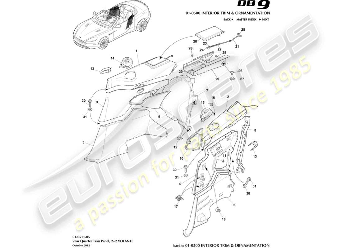 aston martin db9 (2015) panel de moldura del cuarto trasero, 2+2 diagrama de piezas de volante