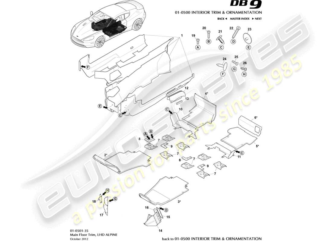 aston martin db9 (2013) guarnecido del piso principal, lhd, diagrama de piezas alpine