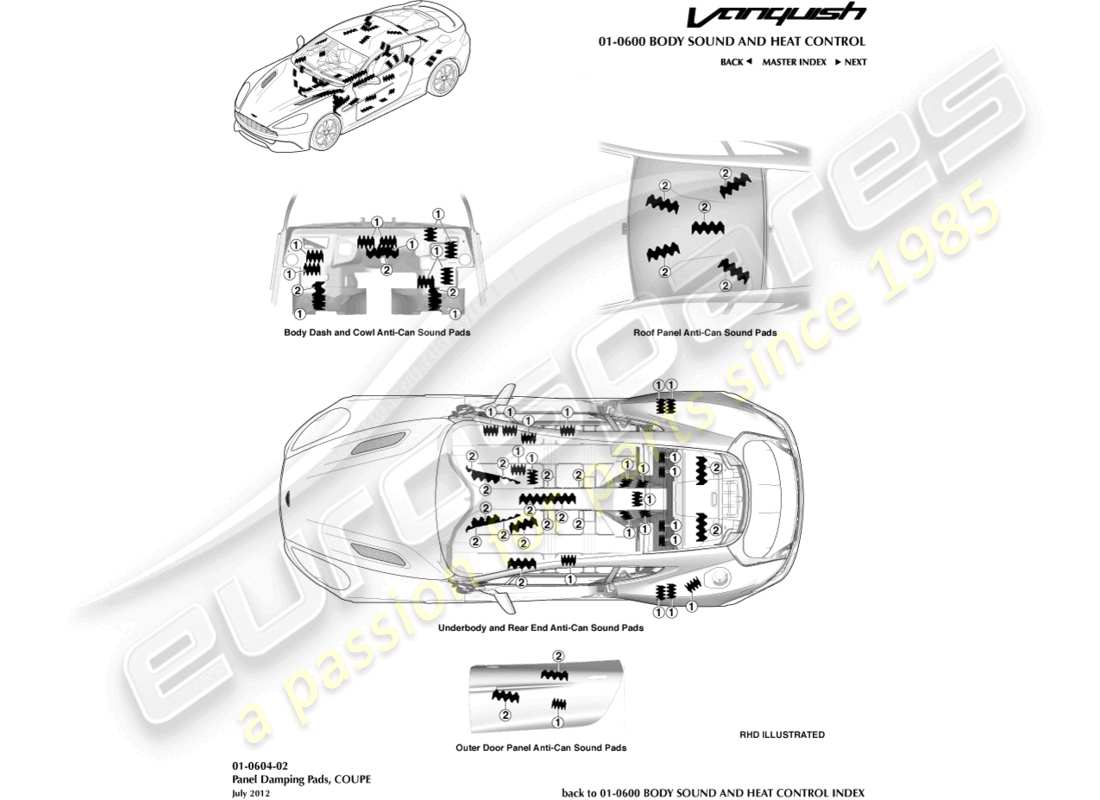 aston martin vanquish (2015) almohadillas anti-can, diagrama de piezas del cupé