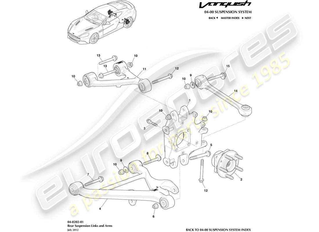 aston martin vanquish (2015) conjunto de suspensión trasera diagrama de piezas