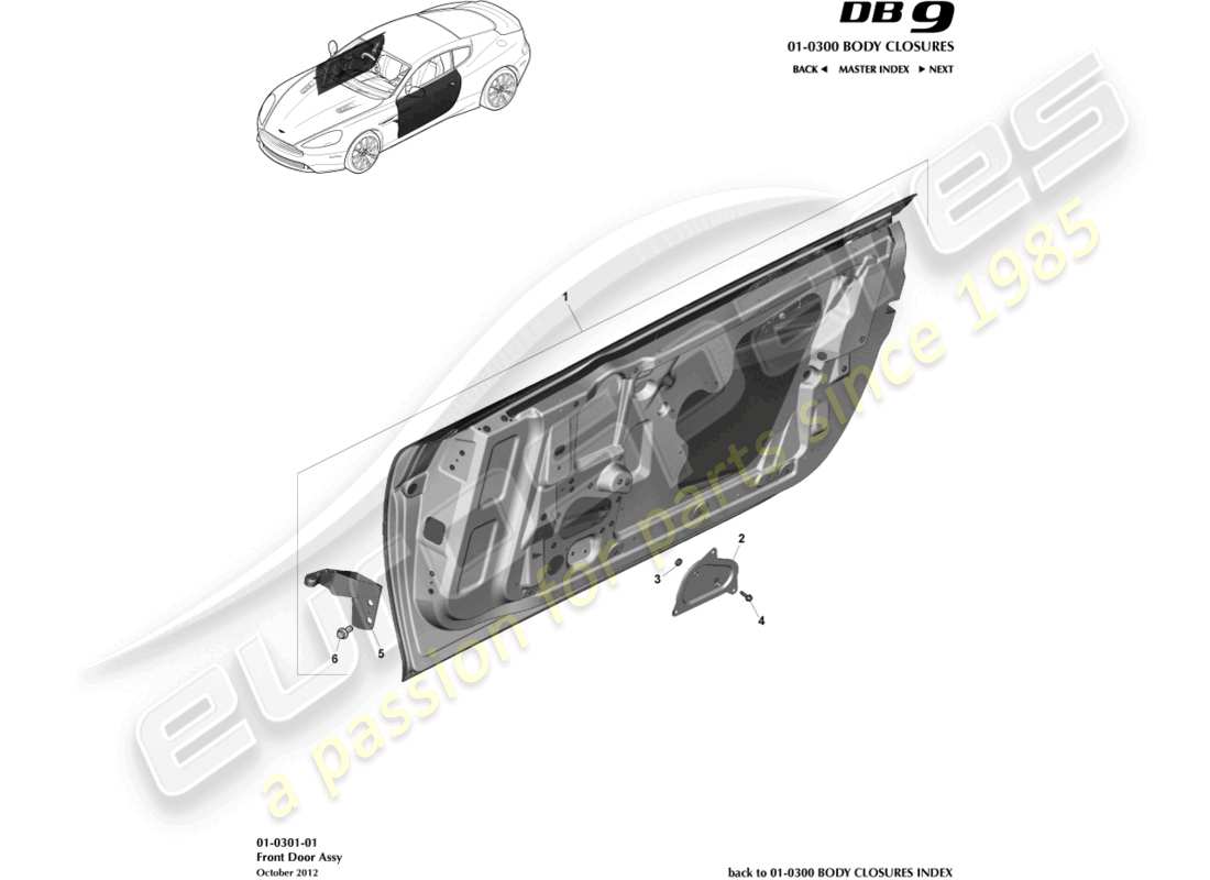 aston martin db9 (2014) montaje de la puerta principal diagrama de piezas