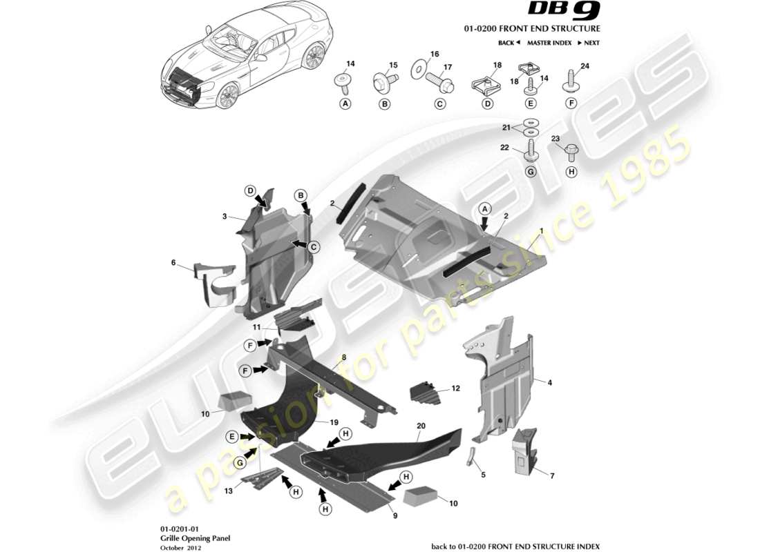 aston martin db9 (2015) diagrama de piezas del panel de apertura de la parrilla