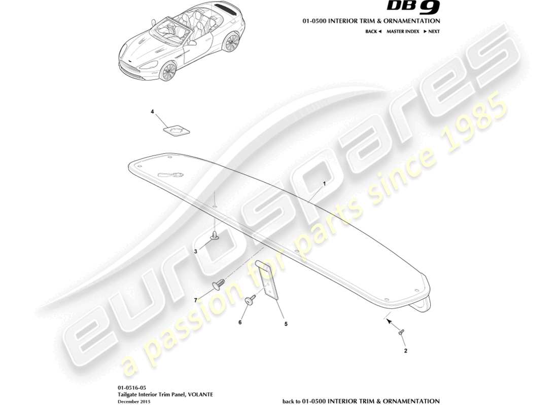 aston martin db9 (2016) panel embellecedor del portón trasero, diagrama de piezas del volante