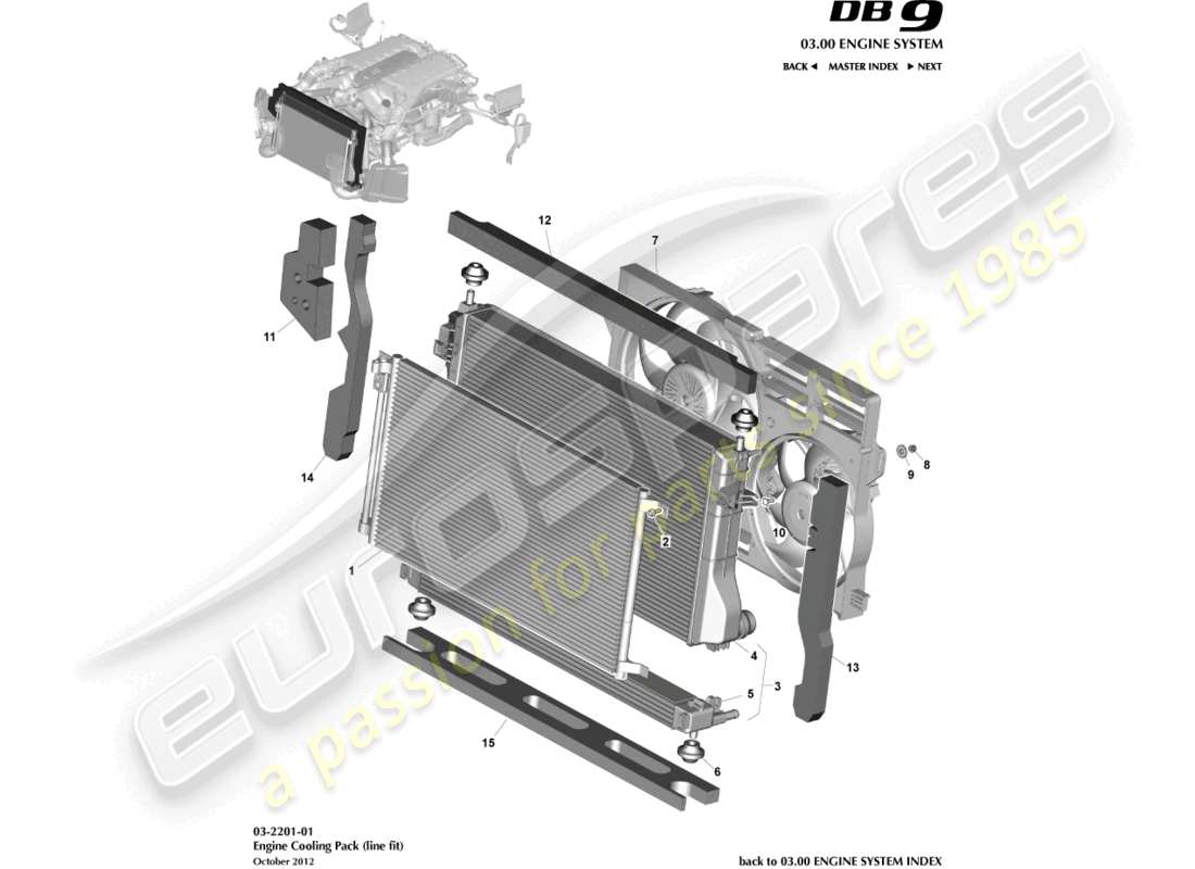 aston martin db9 (2013) diagrama de piezas de ajuste de línea y refrigeración del motor