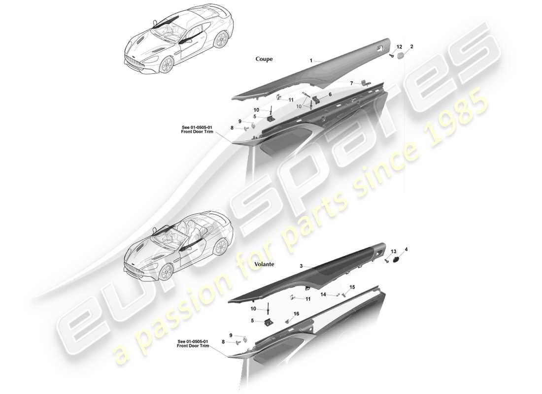 aston martin vanquish (2014) diagrama de piezas del rollo superior de la puerta