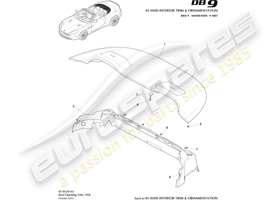 aston martin db9 (2016) moldura de apertura del techo, diagrama de piezas de volante