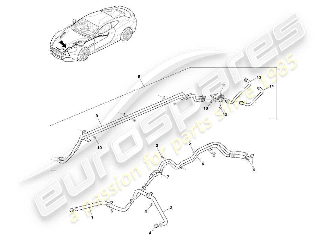 aston martin vanquish (2014) diagrama de piezas de los tubos del enfriador de aceite de la transmisión