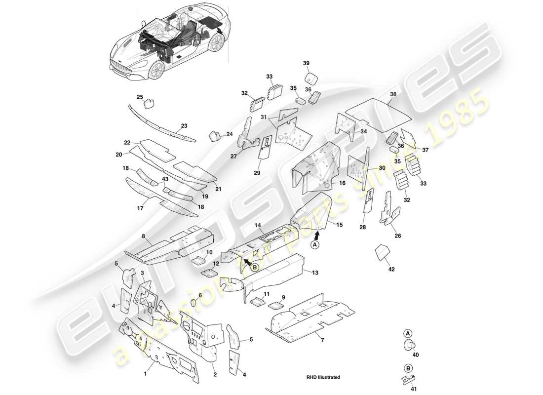 aston martin vanquish (2014) aislamiento acústico, diagrama de piezas de volante