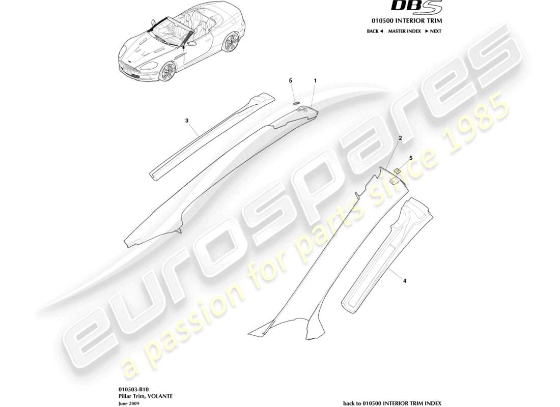 aston martin dbs (2014) adorno de pilar, superior, diagrama de pieza volante