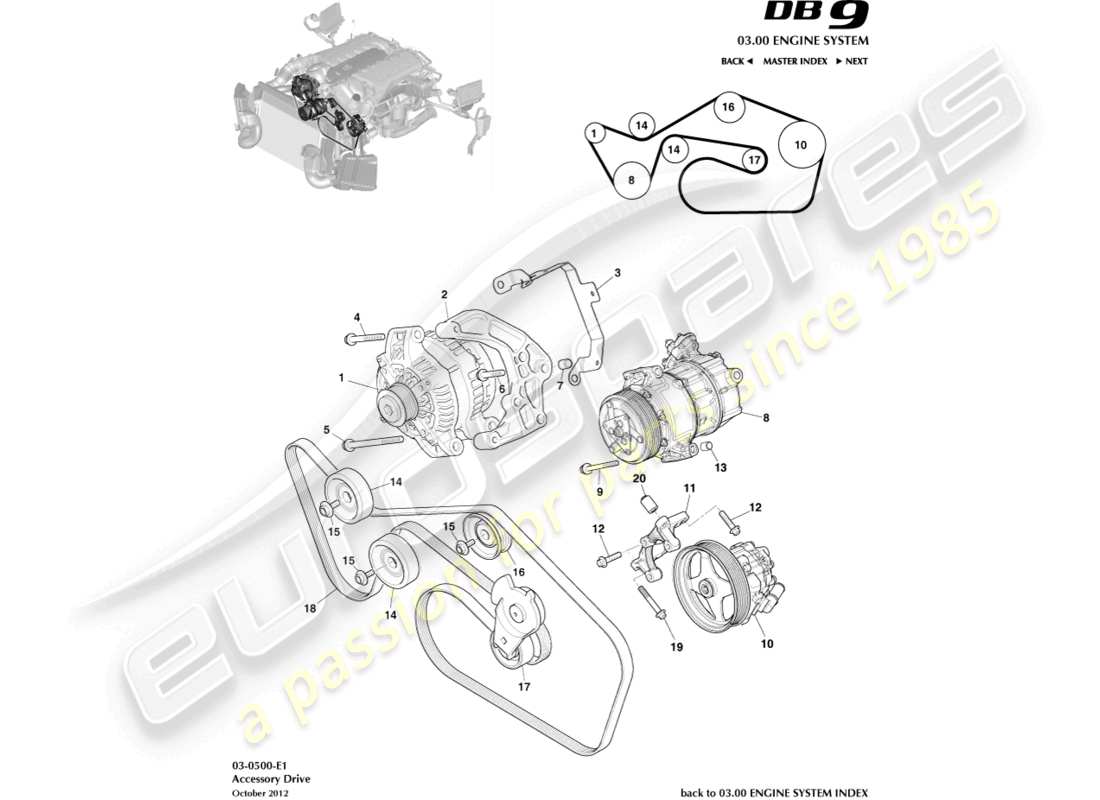 aston martin db9 (2016) diagrama de piezas de transmisión de accesorios