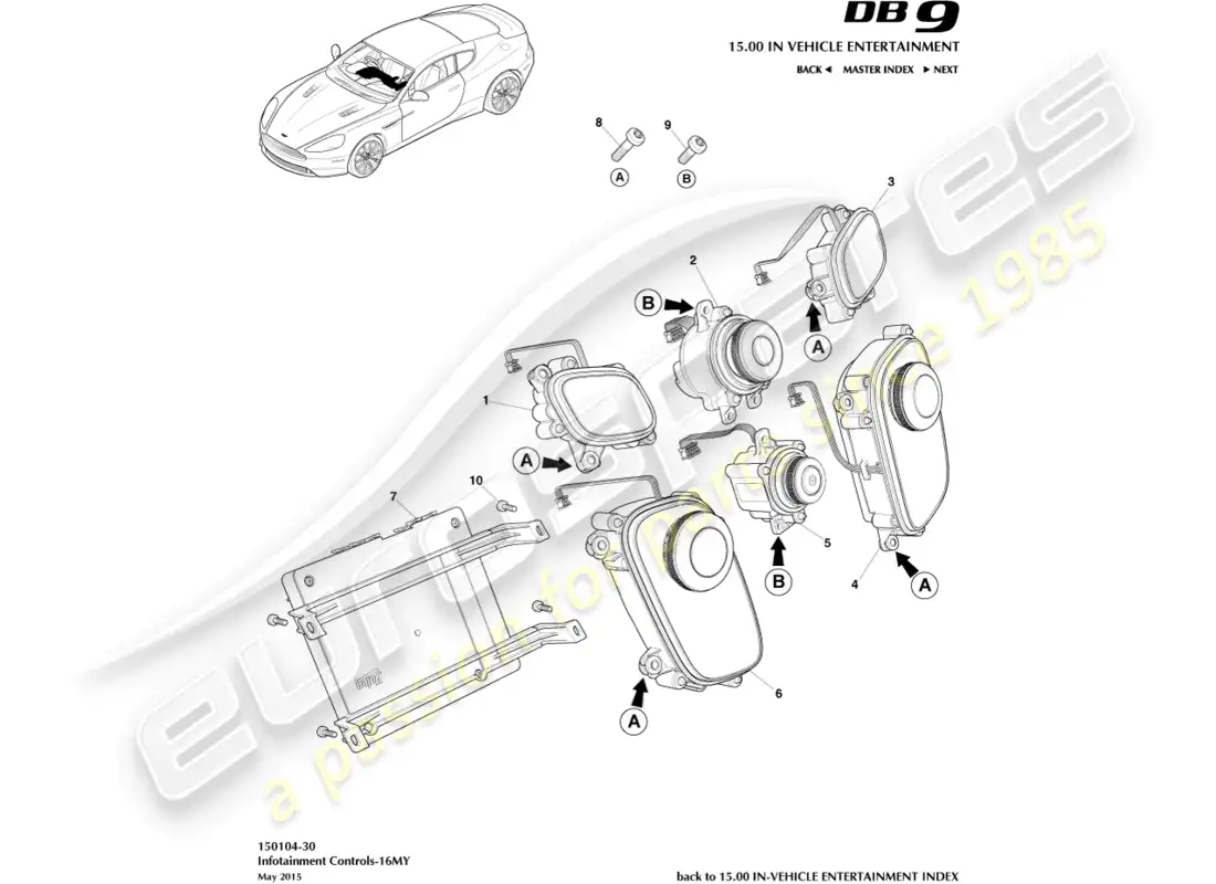 aston martin db9 (2015) controles de infoentretenimiento, 16my diagrama de piezas