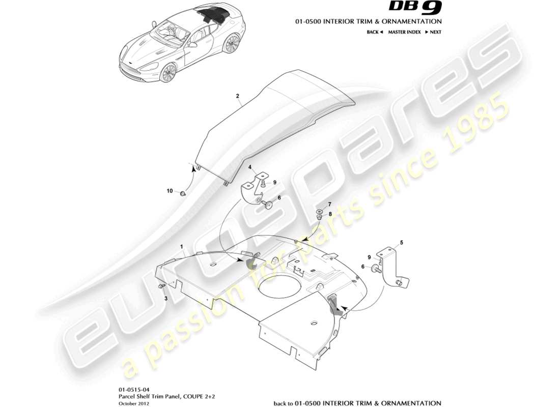 aston martin db9 (2015) panel embellecedor del estante para paquetes, 2+2 diagrama de piezas del cupé