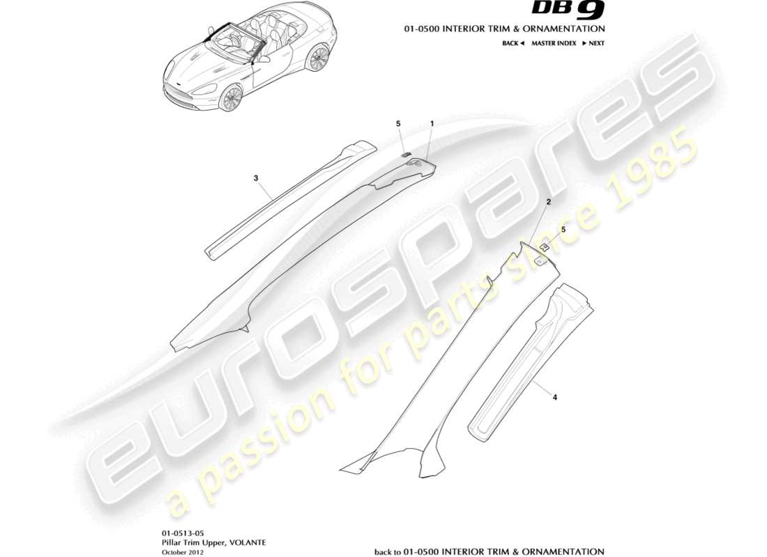 aston martin db9 (2016) adorno de pilar, superior, diagrama de pieza volante