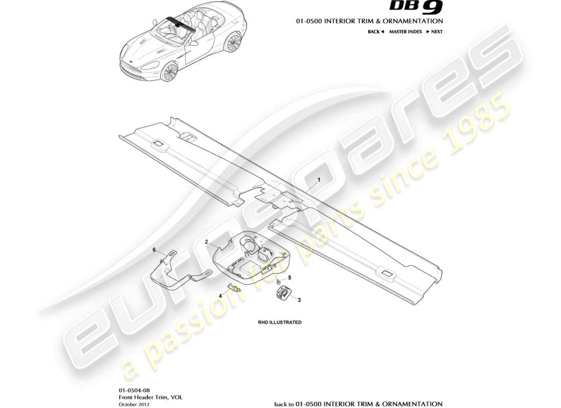 aston martin db9 (2015) embellecedor del cabezal delantero, diagrama de piezas de volante