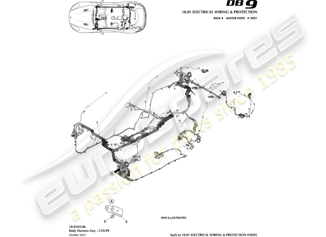 aston martin db9 (2016) arnés corporal, diagrama de piezas del cupé
