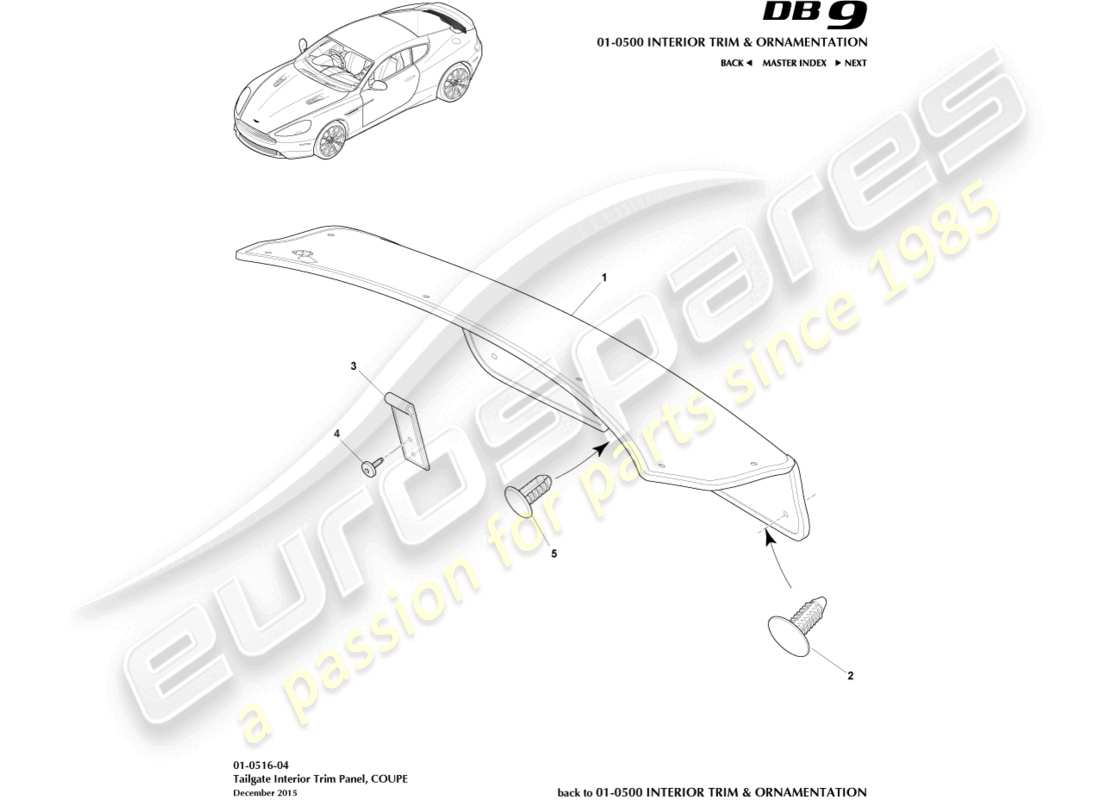 aston martin db9 (2015) panel embellecedor del portón trasero, diagrama de piezas del cupé