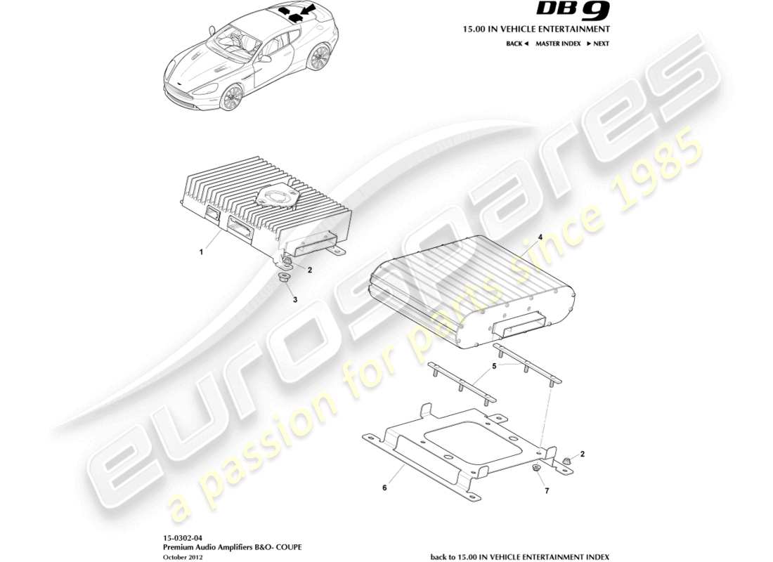 aston martin db9 (2015) amplificadores, b&o, diagrama de piezas del cupé