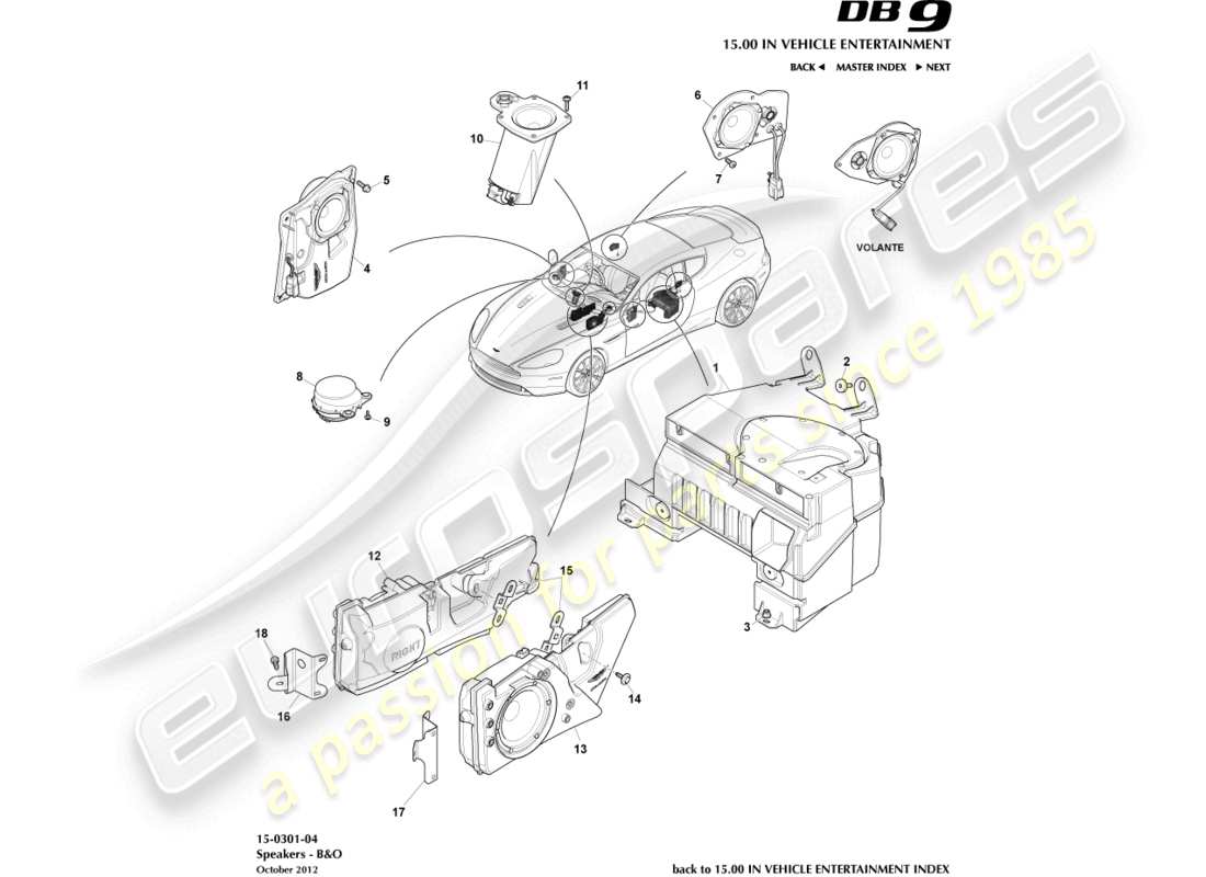aston martin db9 (2014) altavoces, b&o diagrama de piezas