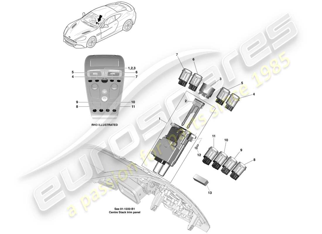 aston martin vanquish (2013) interruptores de consola central diagrama de piezas
